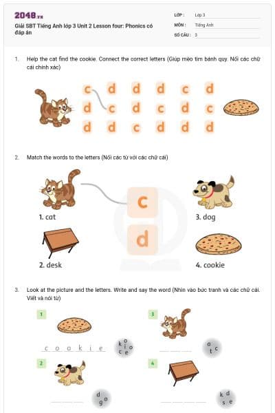 Giải SBT Tiếng Anh lớp 3 Unit 2 Lesson four: Phonics có đáp án
