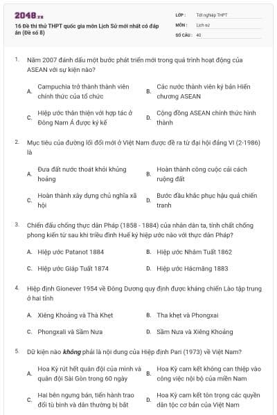 16 Đề thi thử THPT quốc gia môn Lịch Sử mới nhất có đáp án (Đề số 8)