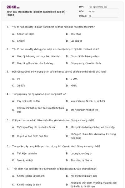 100+ câu Trắc nghiệm Tài chính cá nhân (có đáp án) - Phần 5