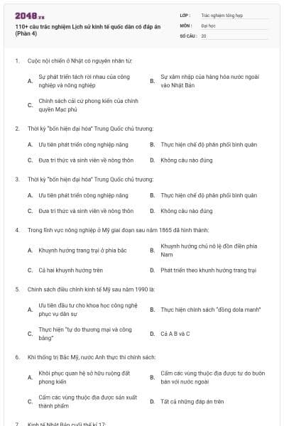 110+ câu trắc nghiệm Lịch sử kinh tế quốc dân có đáp án (Phần 4)
