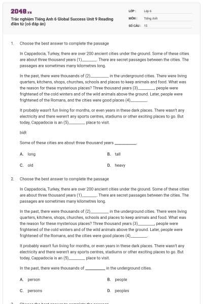 Trắc nghiệm Tiếng Anh 6 Global Success Unit 9 Reading điền từ (có đáp án)
