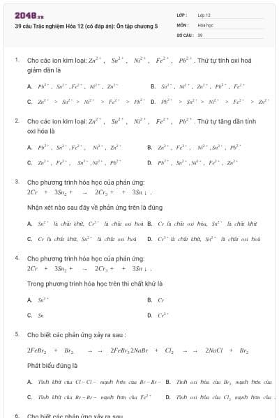 39 câu Trắc nghiệm Hóa 12 (có đáp án): Ôn tập chương 5