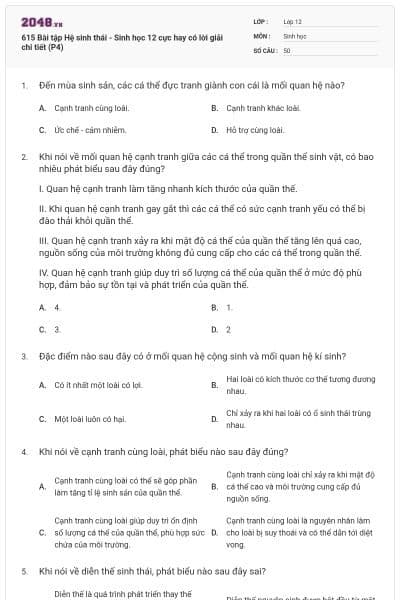 615 Bài tập Hệ sinh thái - Sinh học 12 cực hay có lời giải chi tiết (P4)