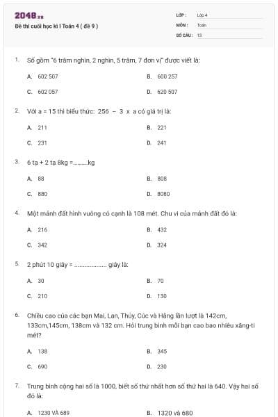 Đề thi cuối học kì I Toán 4 ( đề 9 )