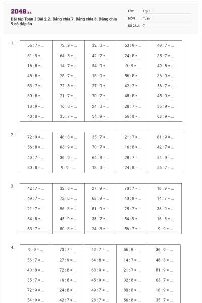 Bài tập Toán 3 Bài 2.2. Bảng chia 7, Bảng chia 8, Bảng chia 9 có đáp án