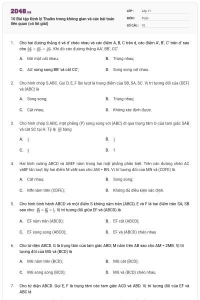 10 Bài tập Định lý Thalès trong không gian và các bài toán liên quan (có lời giải)