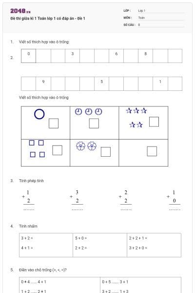 Đề thi giữa kì 1 Toán lớp 1 có đáp án - Đề 1