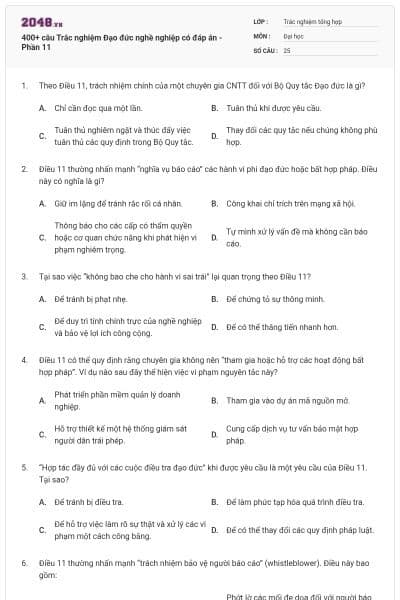 400+ câu Trắc nghiệm Đạo đức nghề nghiệp có đáp án - Phần 11