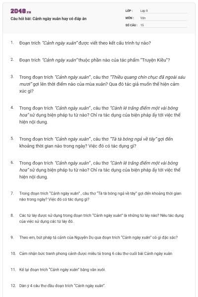 Câu hỏi bài: Cảnh ngày xuân hay có đáp án