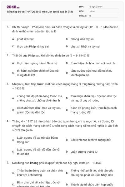 Tổng hợp Đề thi THPTQG 2019 môn Lịch sử có đáp án (P2)