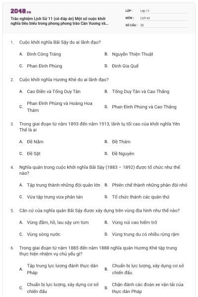 Trắc nghiệm Lịch Sử 11 (có đáp án) Một số cuộc khởi nghĩa tiêu biểu trong phong phong trào Cần Vương và phong trào đấu tranh tự vệ cuối thế kỉ XIX