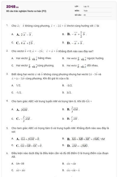 80 câu trắc nghiệm Vectơ cơ bản (P3)