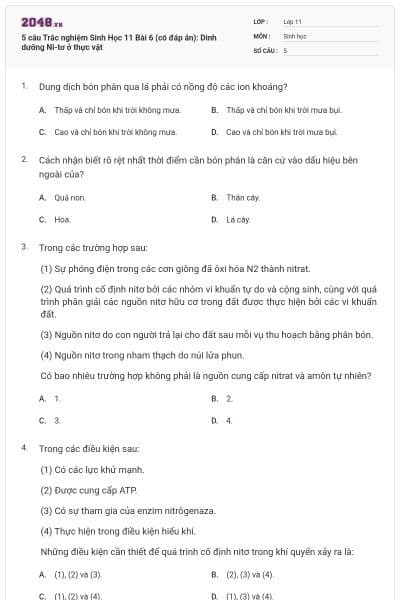 5 câu  Trắc nghiệm Sinh Học 11 Bài 6 (có đáp án): Dinh dưỡng Ni-tơ ở thực vật
