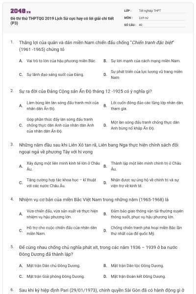 Đề thi thử THPTQG 2019 Lịch Sử cực hay có lời giải chi tiết (P3)