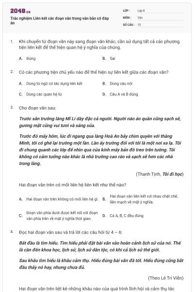 Trắc nghiệm Liên kết các đoạn văn trong văn bản có đáp án
