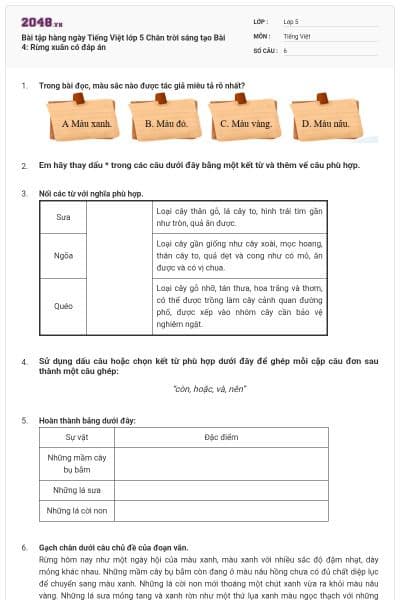 Bài tập hàng ngày Tiếng Việt lớp 5 Chân trời sáng tạo Bài 4: Rừng xuân có đáp án