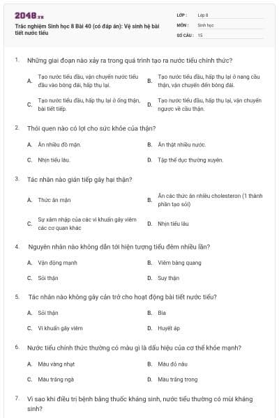 Trắc nghiệm Sinh học 8 Bài 40 (có đáp án): Vệ sinh hệ bài tiết nước tiểu