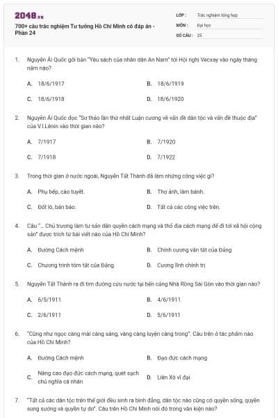 700+ câu trắc nghiệm Tư tưởng Hồ Chí Minh có đáp án - Phần 24