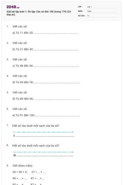 Giải bài tập toán 1: Ôn tập: Các số đến 100 (trang 174) (Có đáp án)
