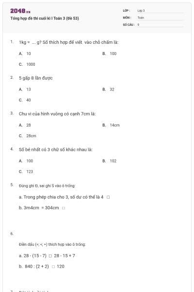 Tổng hợp đề thi cuối kì I Toán 3 (Đề 53)