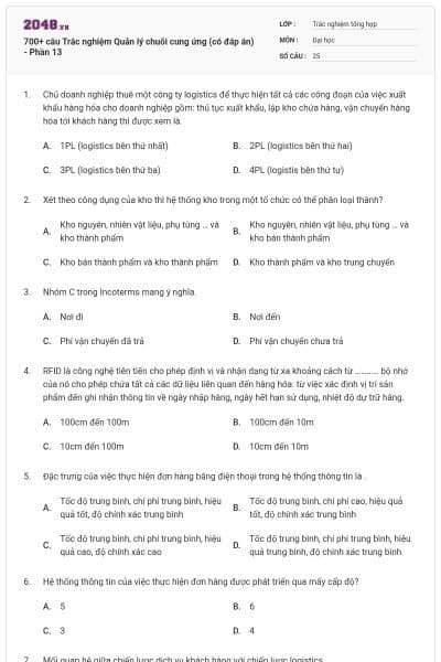 700+ câu Trắc nghiệm Quản lý chuỗi cung ứng (có đáp án) - Phần 13