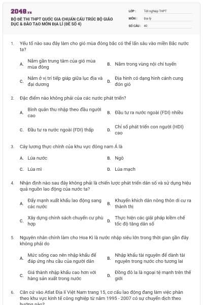 BỘ ĐỀ THI THPT QUỐC GIA CHUẨN CẤU TRÚC BỘ GIÁO DỤC & ĐÀO TẠO MÔN ĐỊA LÍ (ĐỀ SỐ 4)