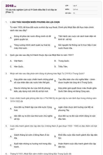 15 câu trắc nghiệm Lịch sử 9 Cánh diều Bài 3 có đáp án (Phần 1)