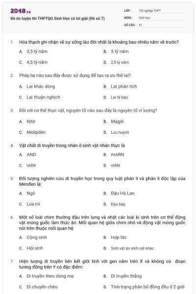 Đề ôn luyện thi THPTQG Sinh Học có lời giải (Đề số 7)