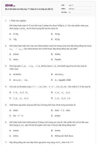 Bộ 5 Đề kiểm tra Hóa học 11 Giữa kì 2 có đáp án (Đề 3)