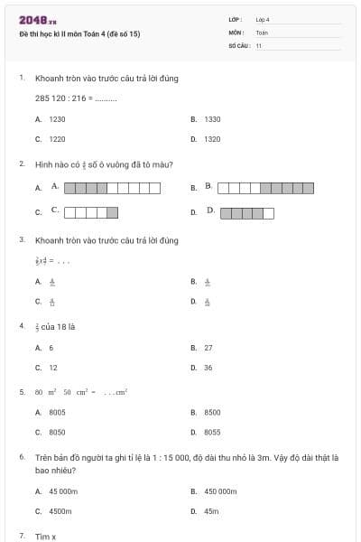 Đề thi học kì II môn Toán 4 (đề số 15)