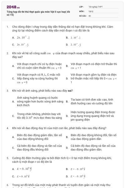 Tổng hợp đề thi thử thpt quốc gia môn Vật lí cực hay( đề số 15)