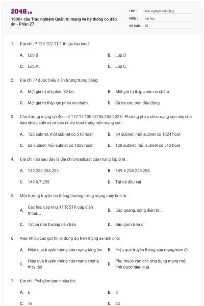 1000+ câu Trắc nghiệm Quản trị mạng và hệ thống có đáp án - Phần 27