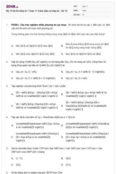 Bộ 19 đề thi Giữa kì 1 Toán 11 Cánh diều có đáp án - Đề 15