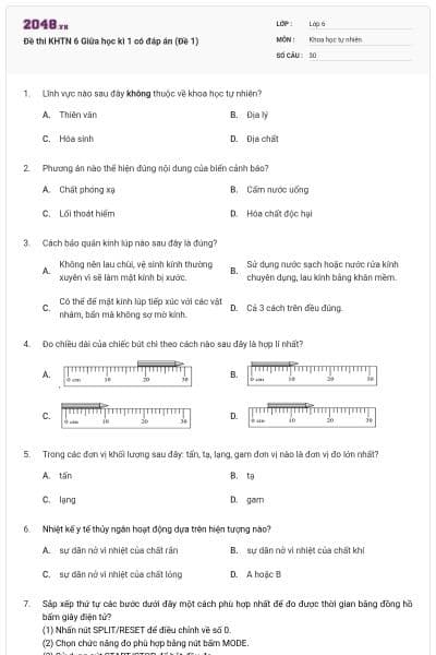 Đề thi KHTN 6 Giữa học kì 1 có đáp án (Đề 1)