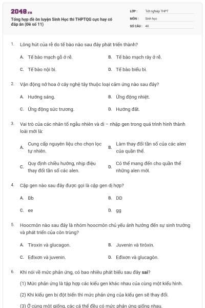 Tổng hợp đề ôn luyện Sinh Học thi THPTQG cực hay có đáp án (Đề số 11)