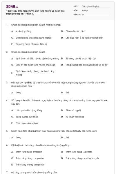 1000+ câu Trắc nghiệm Vệ sinh răng miệng và bệnh học miệng có đáp án - Phần 30