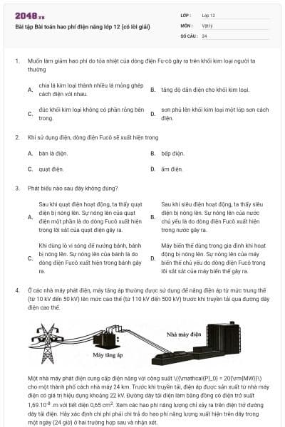 Bài tập Bài toán hao phí điện năng lớp 12 (có lời giải)