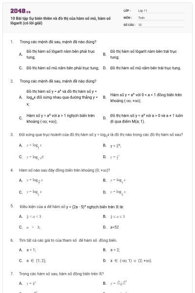 10 Bài tập Sự biến thiên và đồ thị của hàm số mũ, hàm số lôgarit (có lời giải)