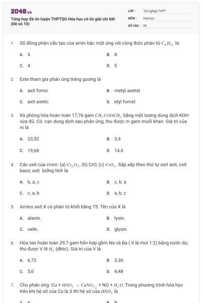 Tổng hợp đề ôn luyện THPTQG Hóa học có lời giải chi tiết (Đề số 10)