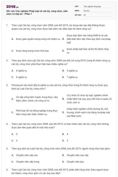 50+ câu Trắc nghiệm Pháp luật về cán bộ, công chức, viên chức có đáp án - Phần 1