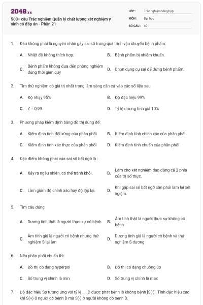 500+ câu Trắc nghiệm Quản lý chất lượng xét nghiệm y sinh có đáp án - Phần 21