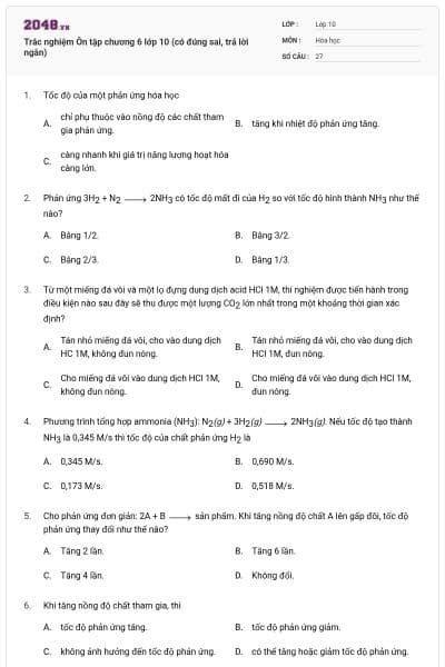 Trắc nghiệm Ôn tập chương 6 lớp 10 (có đúng sai, trả lời ngắn)