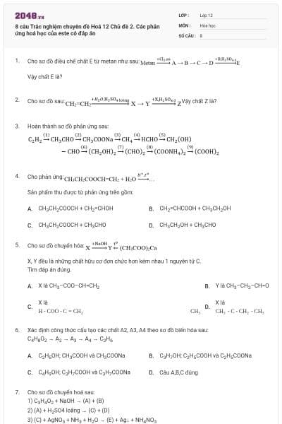 8 câu Trắc nghiệm chuyên đề Hoá 12 Chủ đề 2. Các phản ứng hoá học của este có đáp án