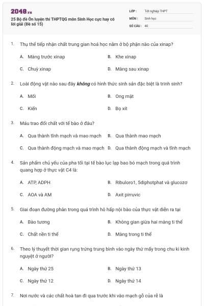 25 Bộ đề Ôn luyện thi THPTQG môn Sinh Học cực hay có lời giải (Đề số 15)