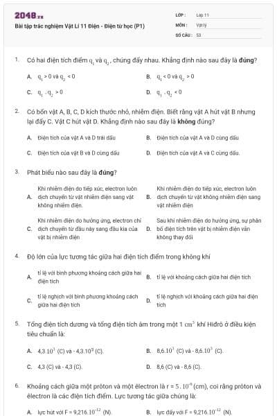 Bài tập trắc nghiệm Vật Lí 11 Điện - Điện từ học (P1)