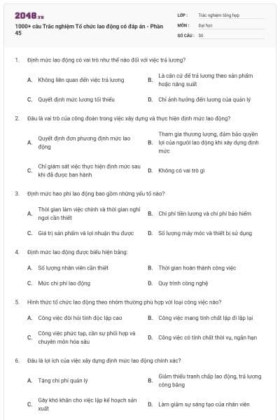 1000+ câu Trắc nghiệm Tổ chức lao động có đáp án - Phần 45