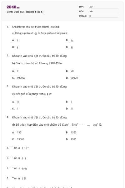 Đề thi Cuối kì 2 Toán lớp 4 (Đề 6)