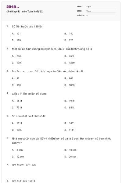 Đề thi học kì I môn Toán 3 (đề 22)