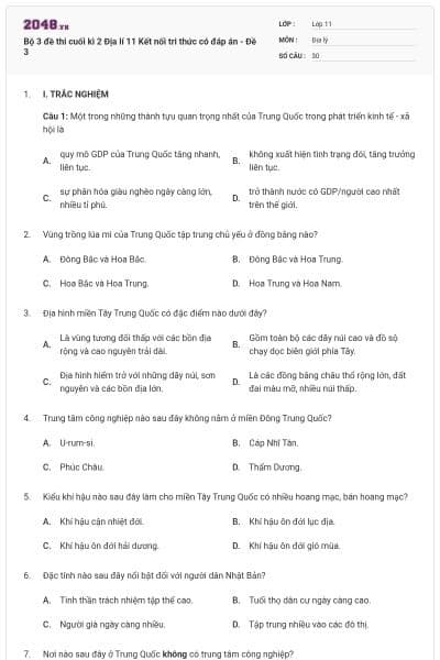 Bộ 3 đề thi cuối kì 2 Địa lí 11 Kết nối tri thức có đáp án - Đề 3