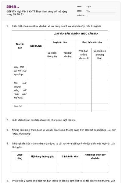 Giải VTH Ngữ Văn 6 KNTT Thực hành củng cố, mở rộng trang 69, 70, 71